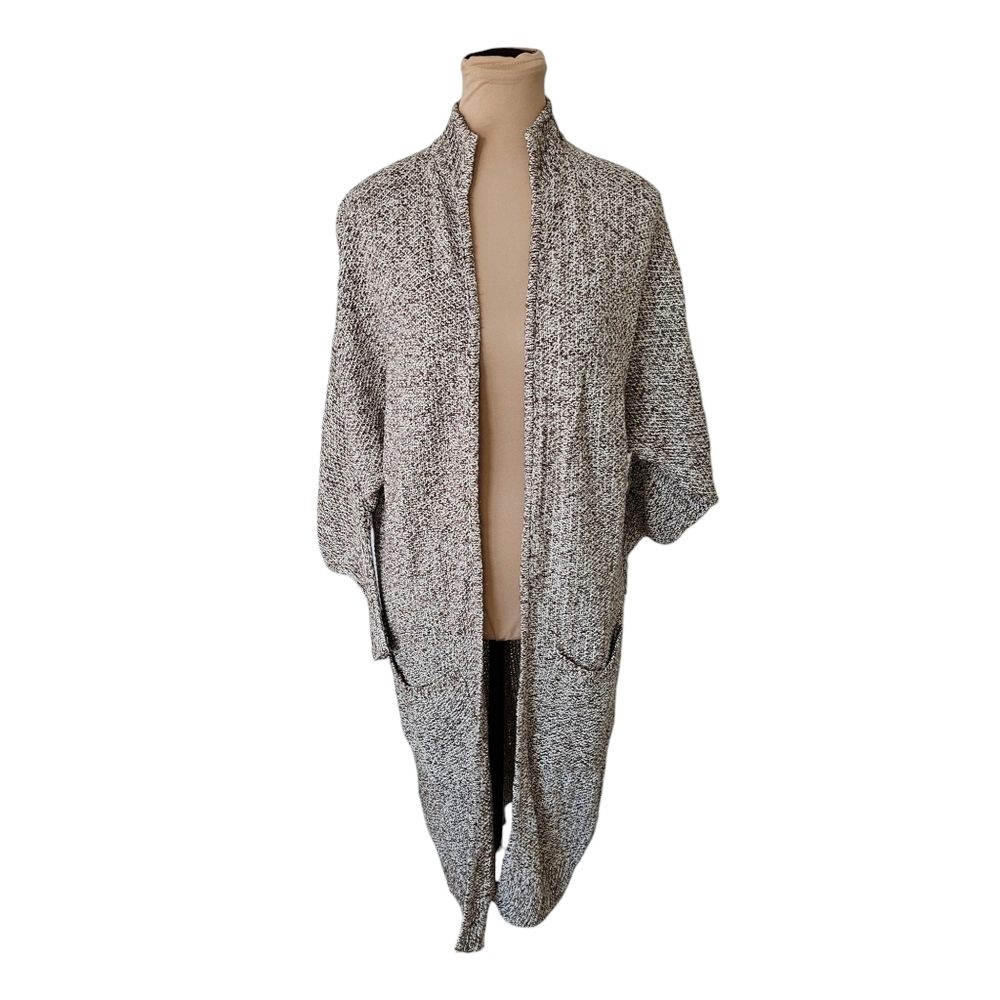 Backdrop Brown & White Knit Open Front Cardigan With Pockets Long Length Sz S